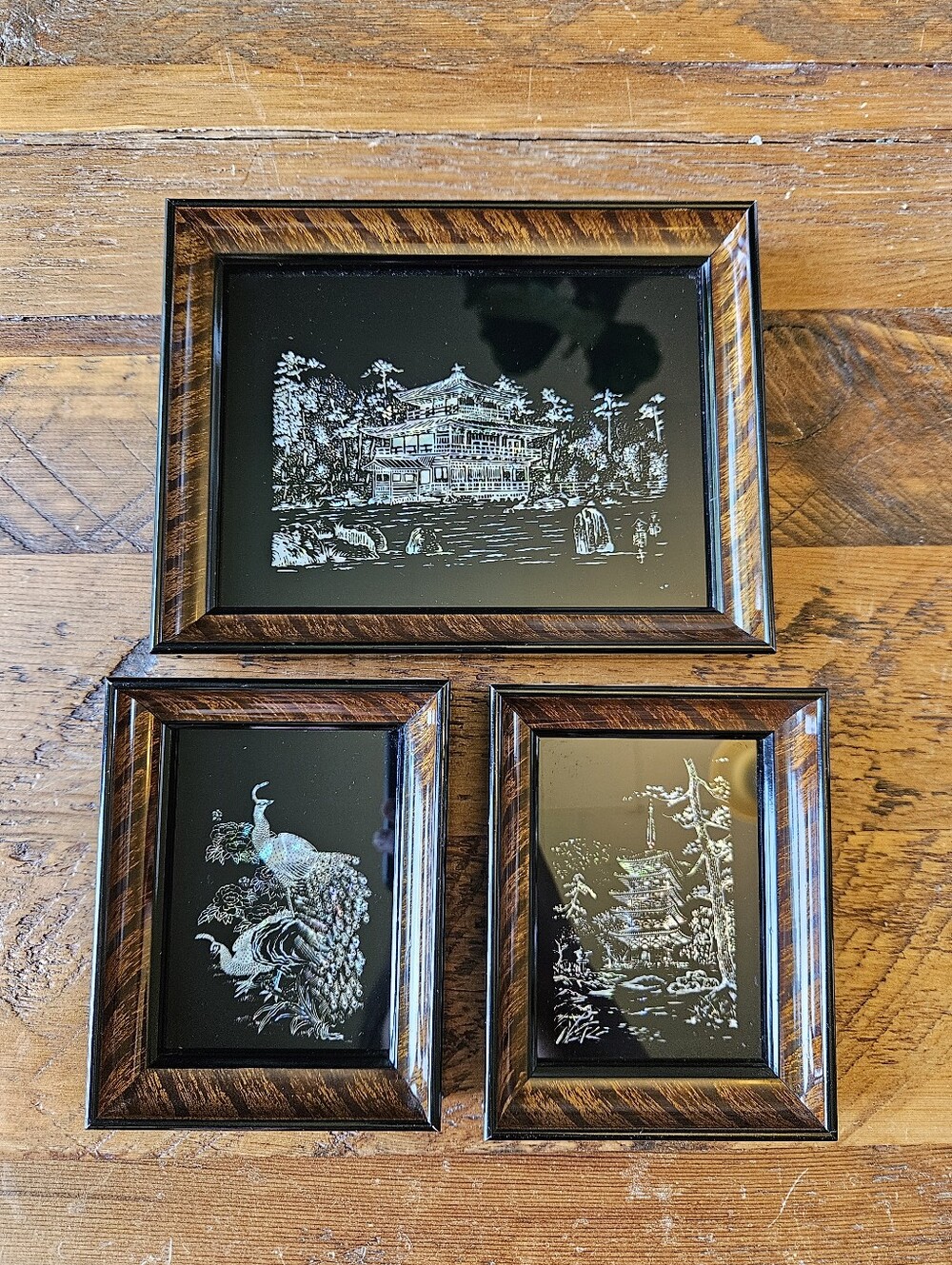 Vintage Japanese Laser Etched Signed in Plate Paintings (set of 3)